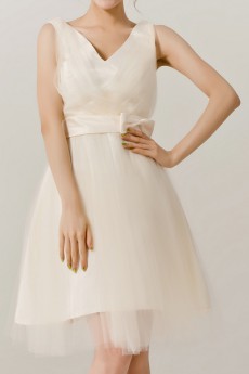 Organza V-neck Short A-line Dress with Bow