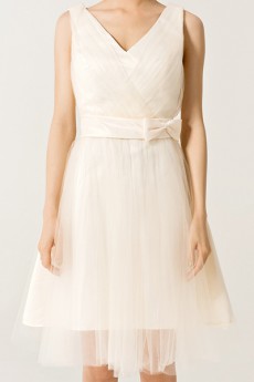 Organza V-neck Short A-line Dress with Bow