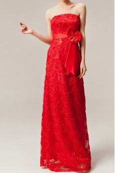 Lace Strapless Floor Length A-line Dress with Bow