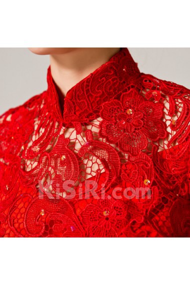 Lace High Collar Neckline Floor Length A-line Dress with Handmade Flowers