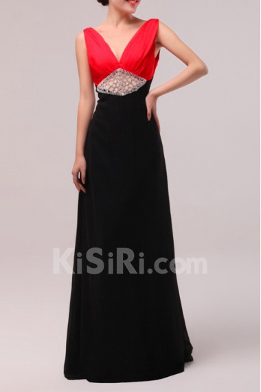 Chiffon V-neck Floor Length A-line Dress with Crystal