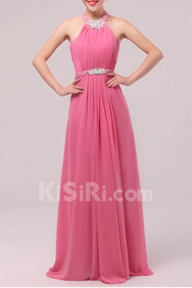 Chiffon Halter Floor Length Empire Dress with Crystal