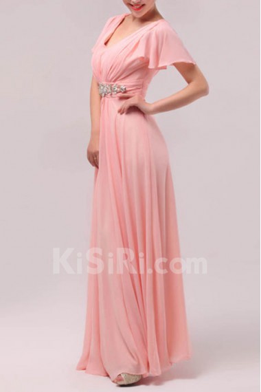 Chiffon V-neck Floor Length Empire Dress with Crystal