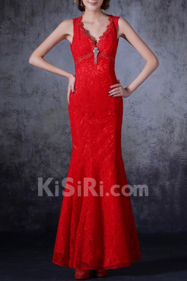 Lace V-neck Floor Length Mermaid Dress with Crystal