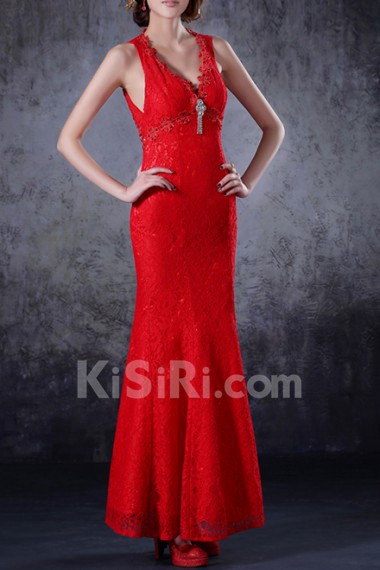 Lace V-neck Floor Length Mermaid Dress with Crystal