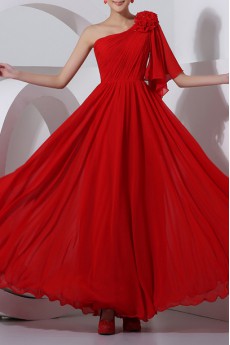 Chiffon One Shoulder Floor Length Column Dress with Handmade Flowers