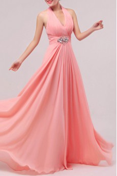 Chiffon Halter Floor Length Empire Dress with Crystal