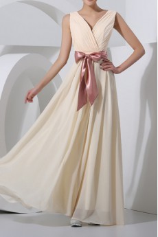 Chiffon V-neck Floor Length Corset Dress with Sash
