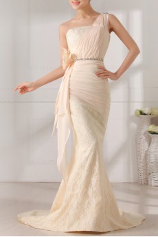 Lace and Chiffon One Shoulder Mermaid Dress with Handmade Flowers