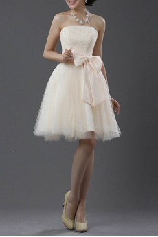 Lace and Satin Strapless Short Dress with Bow