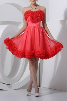 Satin Scoop Neckline Short Dress with Handmade Flowers