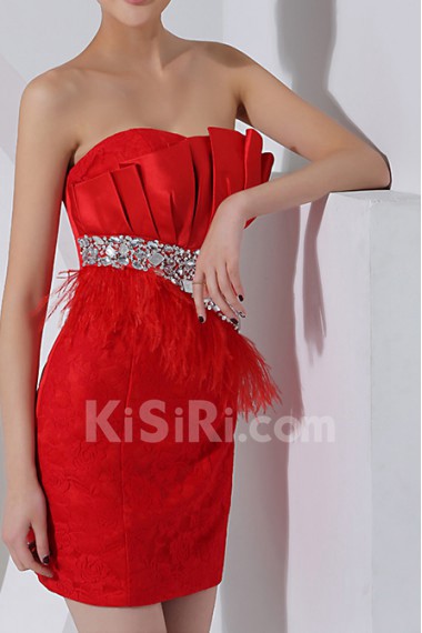 Satin and Lace Strapless Short Dress with Crystal