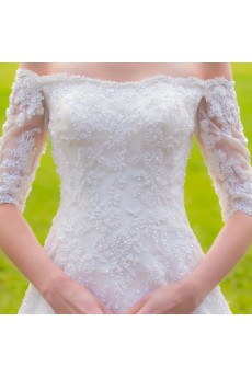 Lace,Satin,Tulle Off-the-Shoulder A-line Dress with Embroidery