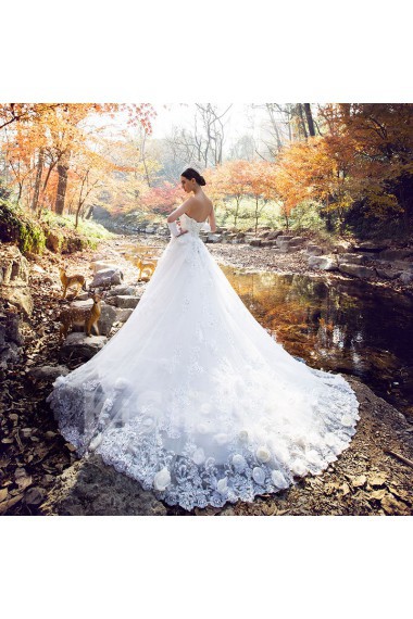 Satin,Tulle,Lace Strapless A-line Dress with Handmade Flowers