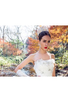 Satin,Tulle,Lace Strapless A-line Dress with Handmade Flowers