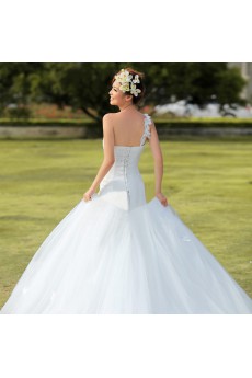 Satin,Tulle Strapless A-line Dress with Handmade Flowers