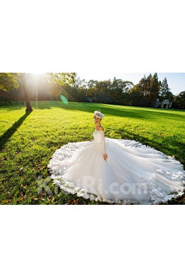 Tulle,Satin,Lace Off-the-Shoulder A-line Dress with Handmade Flowers