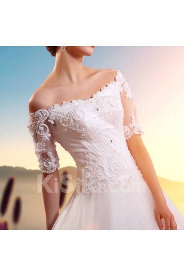 Satin,Tulle,Lace Off-the-Shoulder A-line Dress with Embroidery