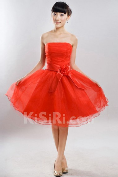 Satin Strapless Dress with handmade flower
