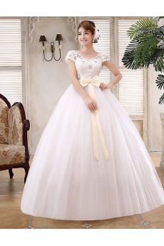 Lace and Tulle Scoop Ball Gown Dress with Beading and Bow