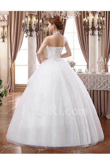 Lace and Tulle High-Neck Ball Gown Dress with Beading and Sequin