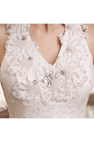 Lace and Tulle Halter Ball Gown Dress with Bead and Beading