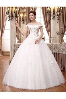 Lace and Tulle Off-the-Shoulder Ball Gown Dress with Handmade Flower