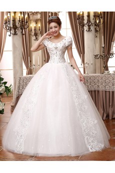 Lace and Tulle V-Neck Ball Gown Dress with Bead and Sequins