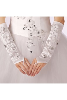 Satin Fingerless Elbow Length Wedding Gloves With Lace Rhinestone