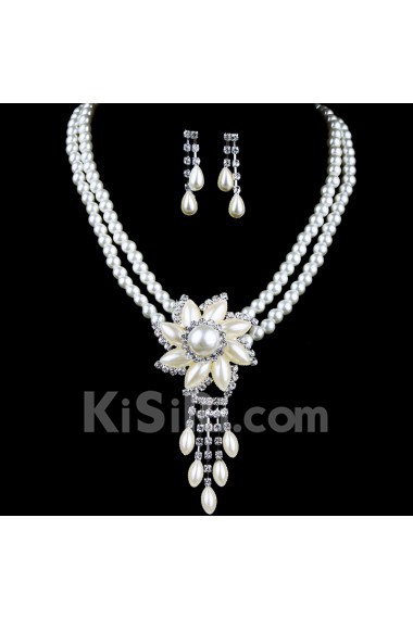 Beauitful Rhinestones and Pearls Flower Wedding Jewelry, Necklace and Earrings Set