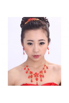 Red Rhinestones Flowers and Alloy Wedding Jewelry Set,Including Necklace,Earrings and Tiara