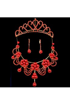 Red Pearls and Rhinestones Wedding Jewelry Set with Necklace,Earrings and Tiara