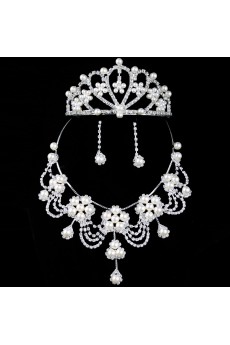 Alloy with Rhinestones and Pearls Wedding Jewelry Set,Including Earrings,Necklace and Tiara