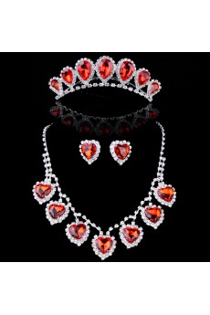 Red Sweetheart Zircons and Rhinestones Wedding Jewelry Set,Including Earrings,Necklace and Tiara