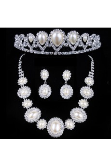 Pearls and Rhinestones Wedding Jewelry Set with Earrings,Necklace and Tiara