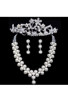 Gorgeous Rhinestones and Pearls with Alloy Plated Wedding Jewelry Set,Including Earrings,Necklace and Headpiece