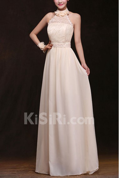 Chiffon High Collar Column Dress with Handmade Flower