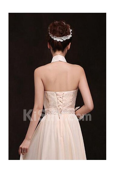 Chiffon High Collar Column Dress with Handmade Flower