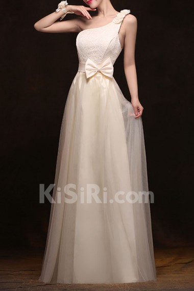 Tulle One-shoulder Column Dress with Bow
