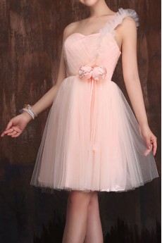 Net One-shoulder A-Line Dress with Handmade Flower