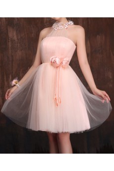 Net High Collar A-Line Dress with Handmade Flower