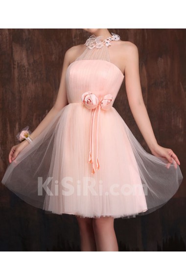 Net High Collar A-Line Dress with Handmade Flower