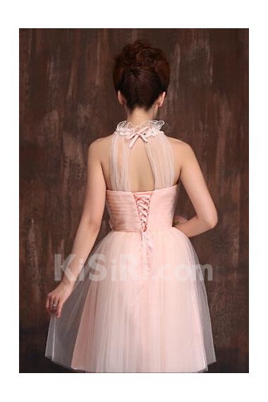 Net High Collar A-Line Dress with Handmade Flower