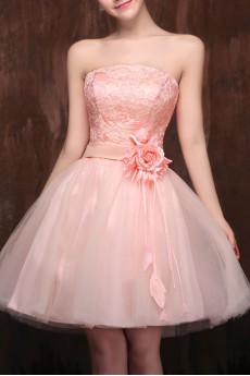 Satin Strapless A-Line Dress with Handmade Flower