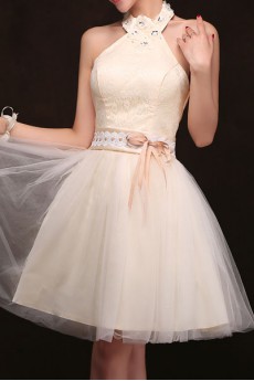 Satin High Collar A-Line Dress with Beading