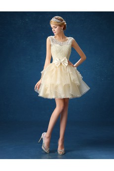 Organza, Lace Jewel Mini/Short Sleeveless A-line Dress with Flower, Bow