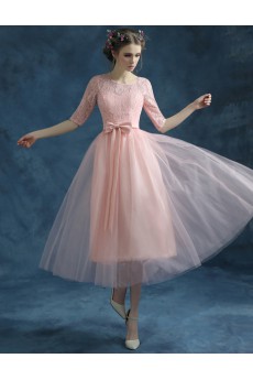 Lace, Chiffon, Tulle Jewel Tea-Length Half Sleeve A-line Dress with Embroidered, Bow