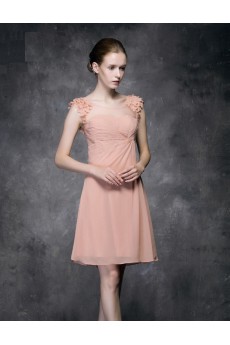 Lace, Satin Scoop Mini/Short Sleeveless A-line Dress with Handmade Flowers