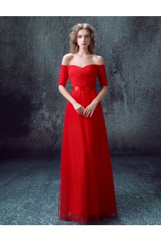 Tulle Off-the-Shoulder Floor Length Short Sleeve A-line Dress with Sash