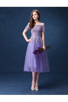 Organza, Lace Off-the-Shoulder Tea-Length Short Sleeve A-line Dress with Sequins